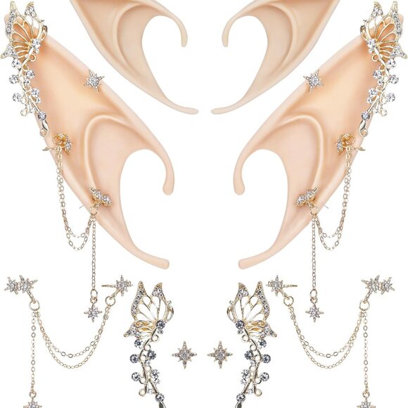 Fairy Elf Ears with Piercings Handmade Butterfly Gold Cuffs Cosplay Accessories - Picture 1 of 6